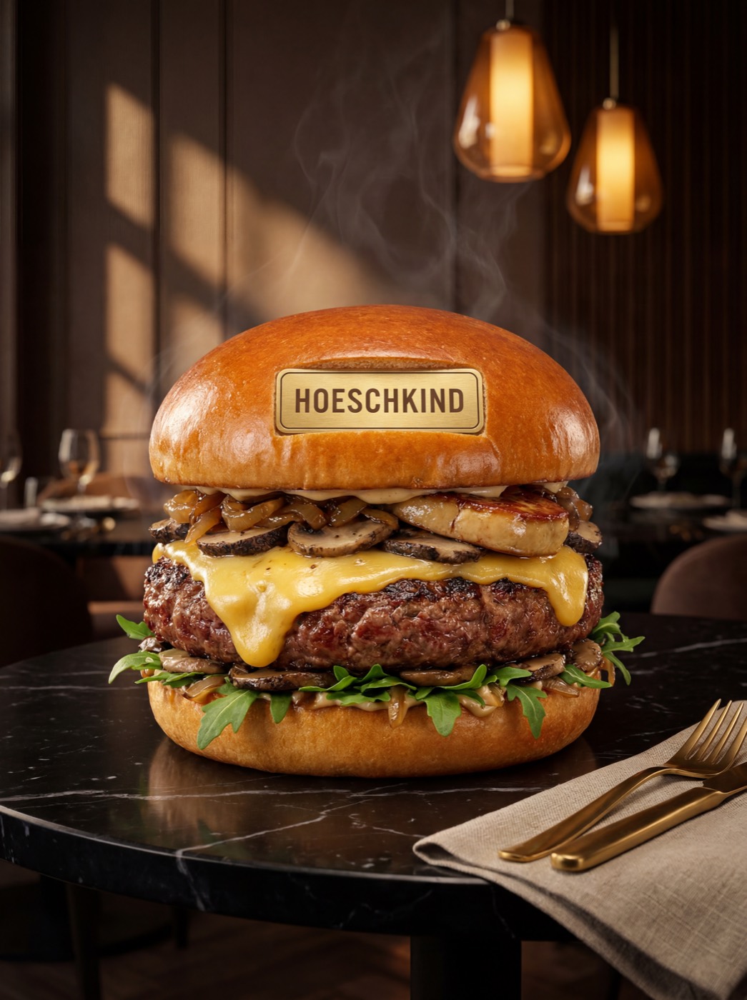 Premium Beef-Burger mit goldenem HOESCHKIND-Schild im Hoeschkind Dortmund