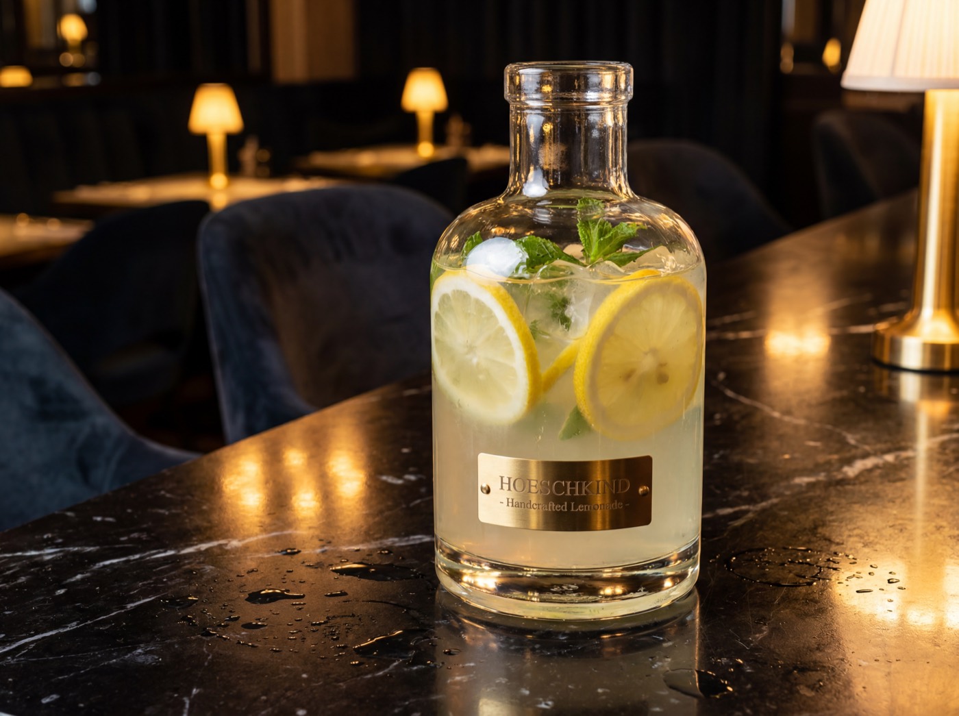 Hausgemachte Limonade in Glaskaraffe mit goldenem HOESCHKIND-Schild im Hoeschkind Dortmund