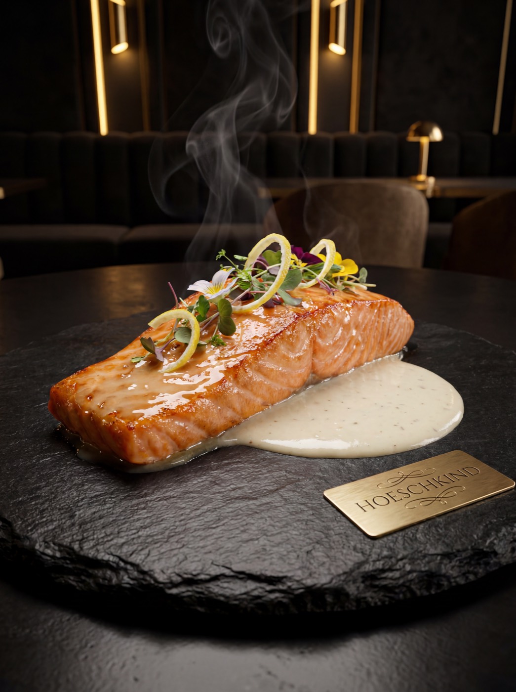 Gegrillter Lachs mit Sauce auf Schiefer im Hoeschkind Dortmund